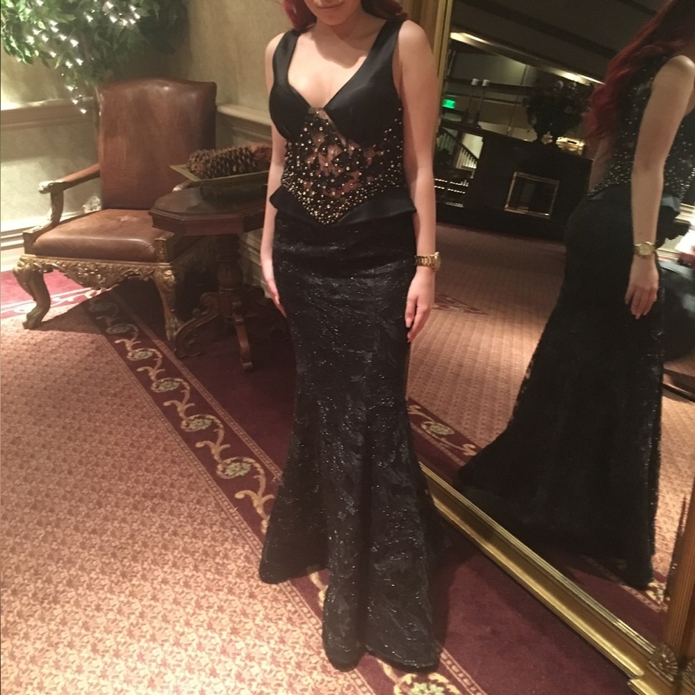 One of a kind sheer embellished bodice, lace bottom black evening gown worn once